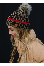 Panache Leopard Red Stripe Pom Beanie