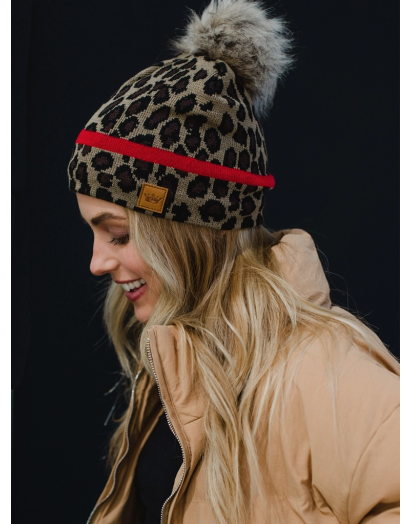 Panache Leopard Red Stripe Pom Beanie