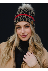 Panache Leopard Red Stripe Pom Beanie