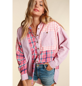 Haptics Pink & Navy Tunic Plaid Button Up Top (S-3XL)