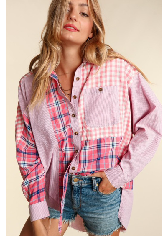 Haptics Pink & Navy Tunic Plaid Button Up Top (S-3XL)