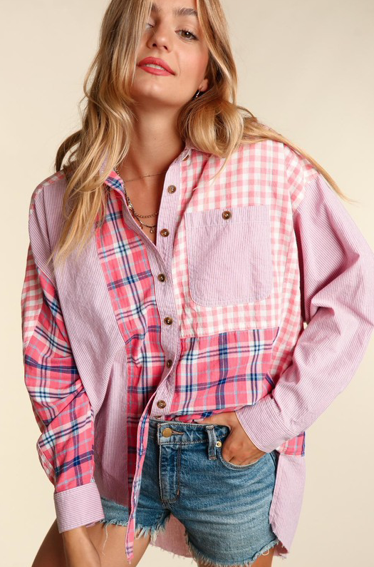 Pink plaid sales button up shirt