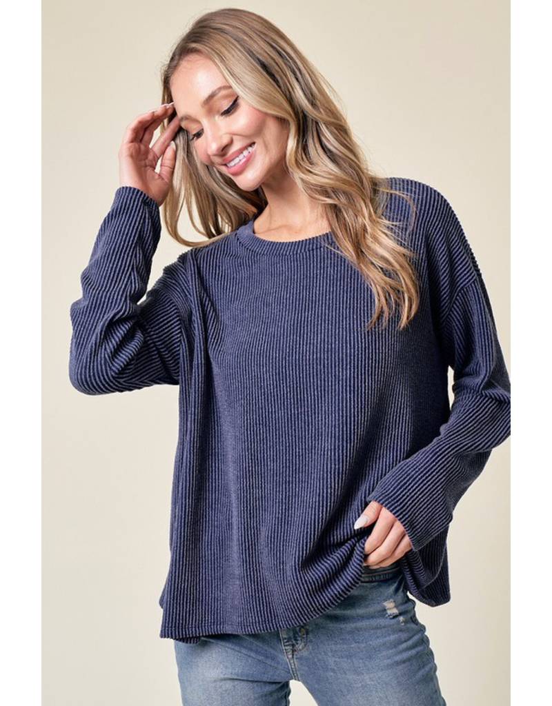 Lovely Melody Navy Ribbed LS Top (S-XL)