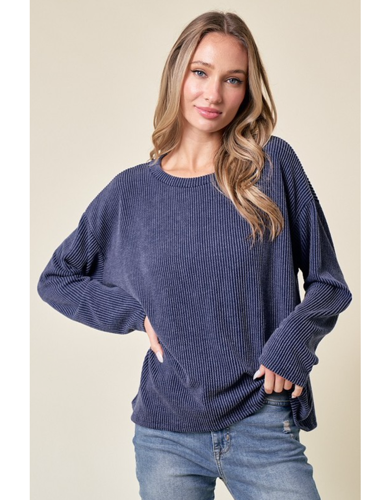 Lovely Melody Navy Ribbed LS Top (S-XL)