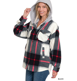 Zenana Relaxed Black & Red Plaid Fleece Hooded Jacket (S-L)