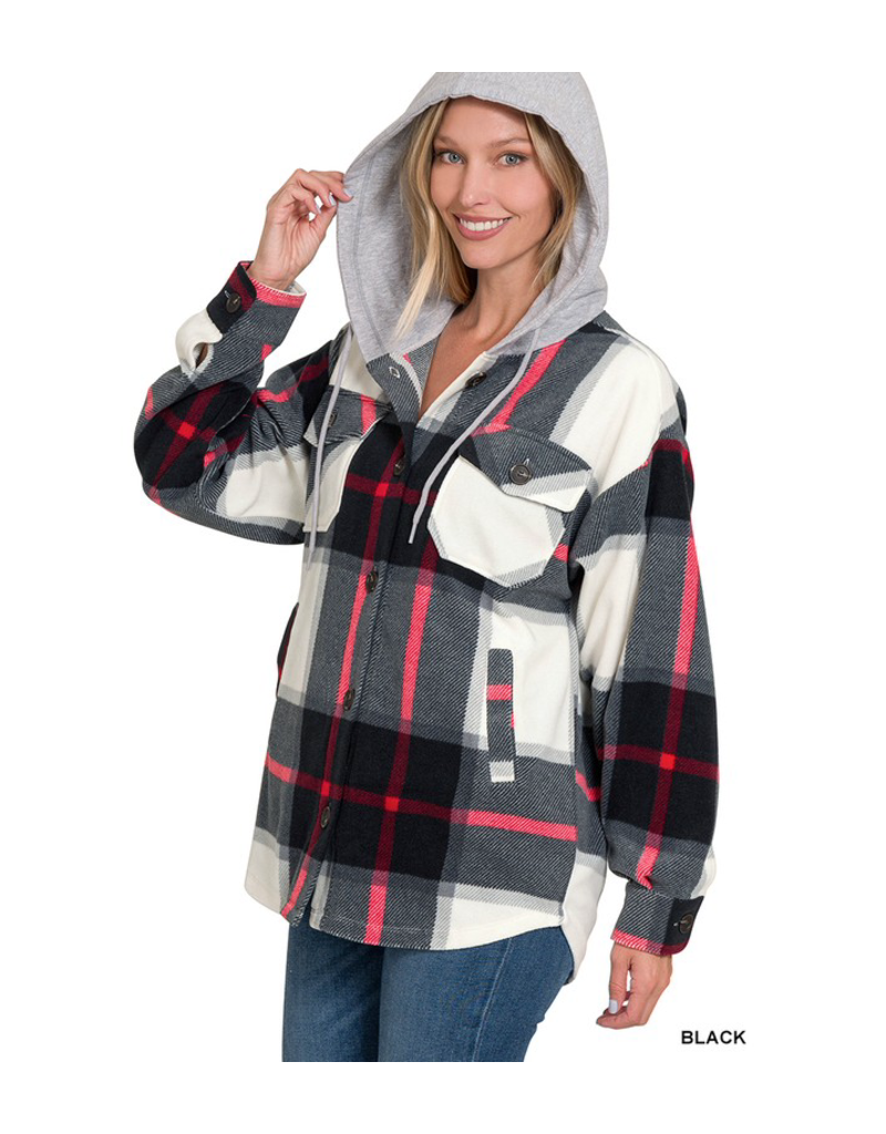Zenana Relaxed Black & Red Plaid Fleece Hooded Jacket (S-L)