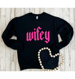 Gildan Wifey Puff Pink Black Crew Sweatshirt (S-2XL)