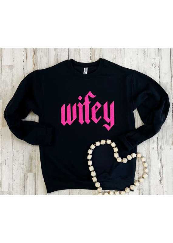 Gildan Wifey Puff Pink Black Crew Sweatshirt (S-2XL)