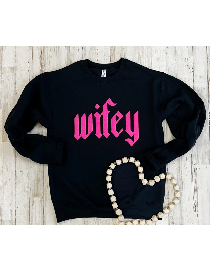 Gildan Wifey Puff Pink Black Crew Sweatshirt (S-2XL)