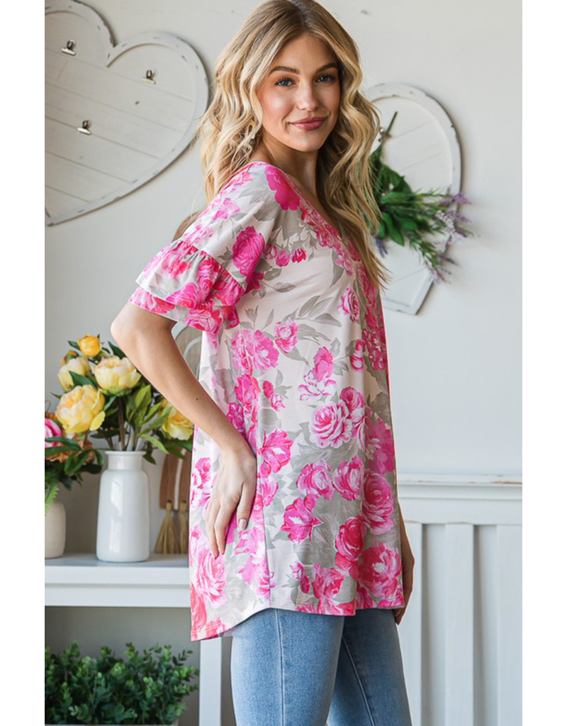 Heimish USA Pink & Taupe Floral Dolman Top (S-3XL)