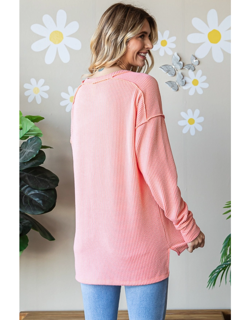 7th Ray Spring Coral Ribbed LS Top (S-3XL)