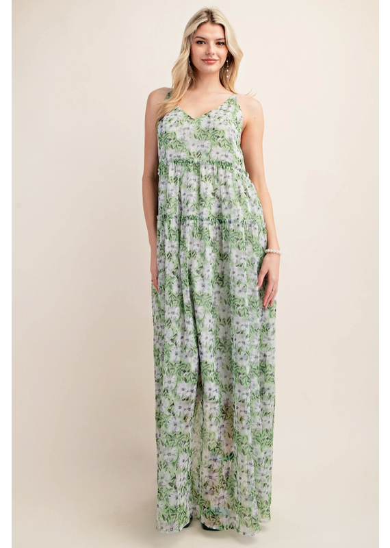 Kori Green Floral Chiffon Crinkle Maxi Dress (S-L)