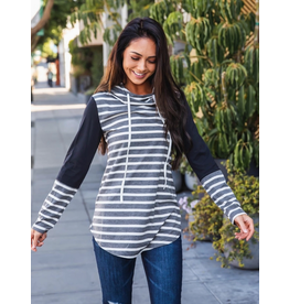 Tickled Teal Kendall Charcoal Striped Hooded Top (S-XL)