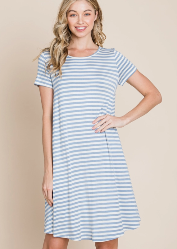 BomBom Denim Blue Swing Striped Dress (S Only)