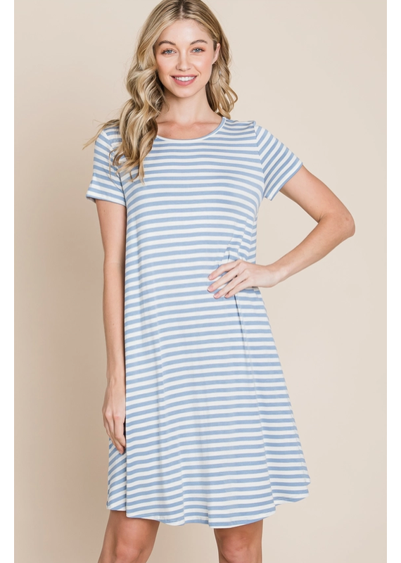 BomBom Denim Blue Swing Striped Dress (S-XL)