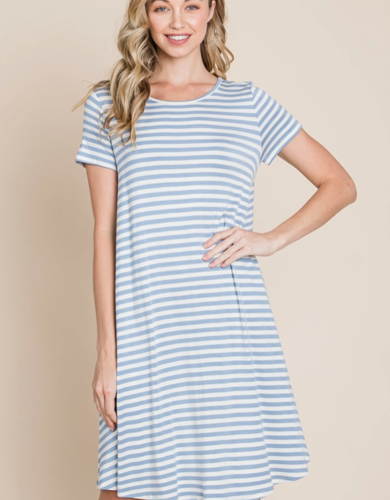 BomBom Denim Blue Swing Striped Dress (S Only)