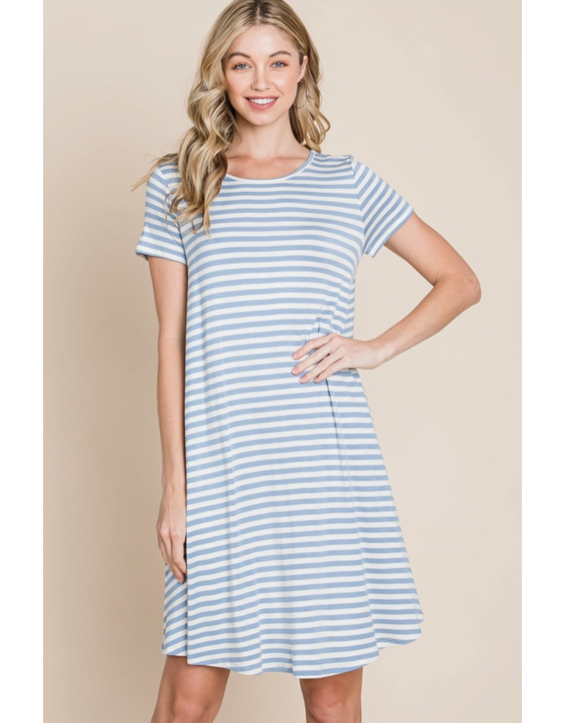 BomBom Denim Blue Swing Striped Dress (S-XL)