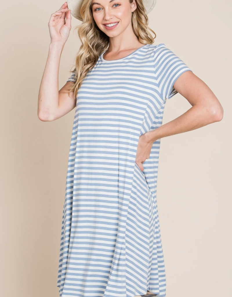 BomBom Denim Blue Swing Striped Dress (S Only)