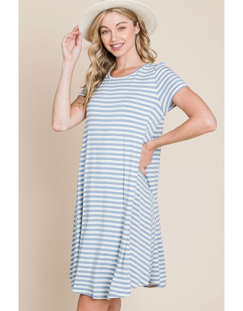 BomBom Denim Blue Swing Striped Dress (S-XL)