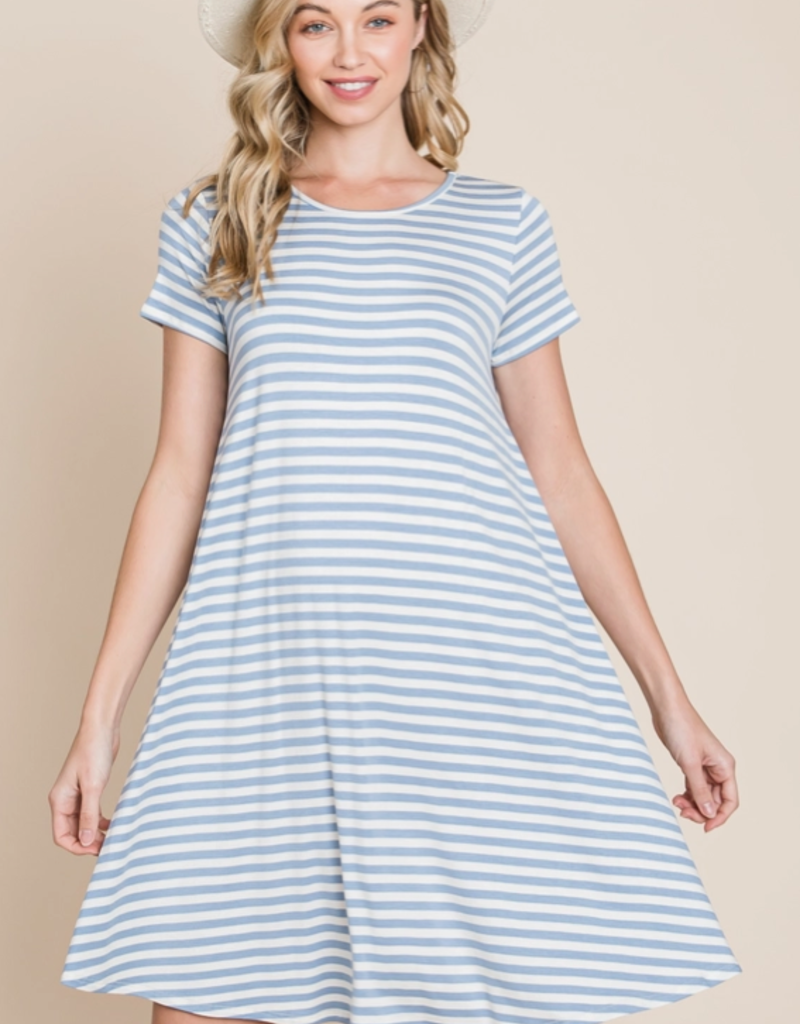 BomBom Denim Blue Swing Striped Dress (S Only)