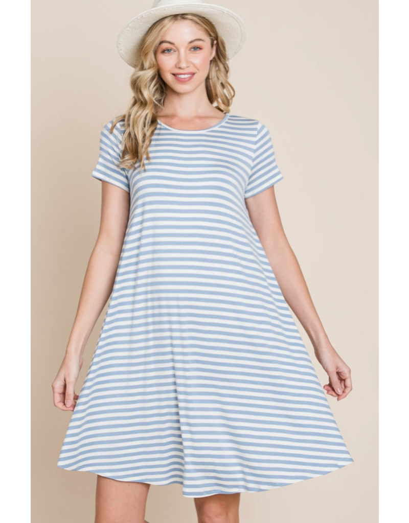 BomBom Denim Blue Swing Striped Dress (S-XL)