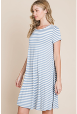 BomBom Denim Blue Swing Striped Dress (S-XL)