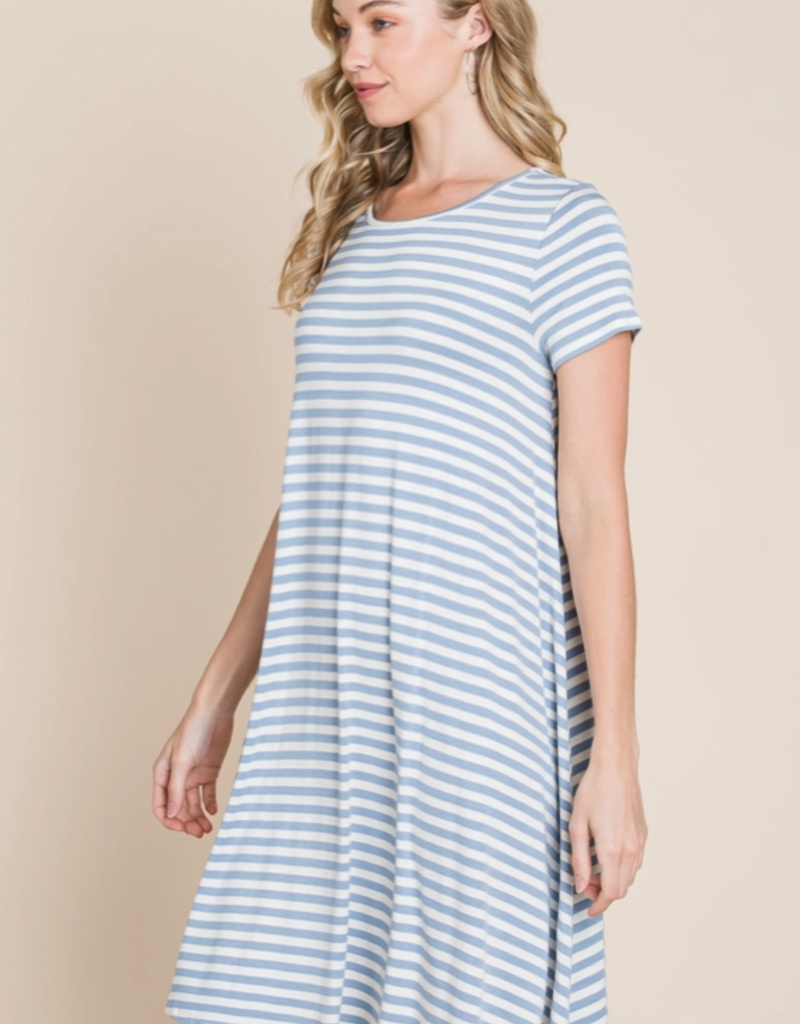 BomBom Denim Blue Swing Striped Dress (S Only)