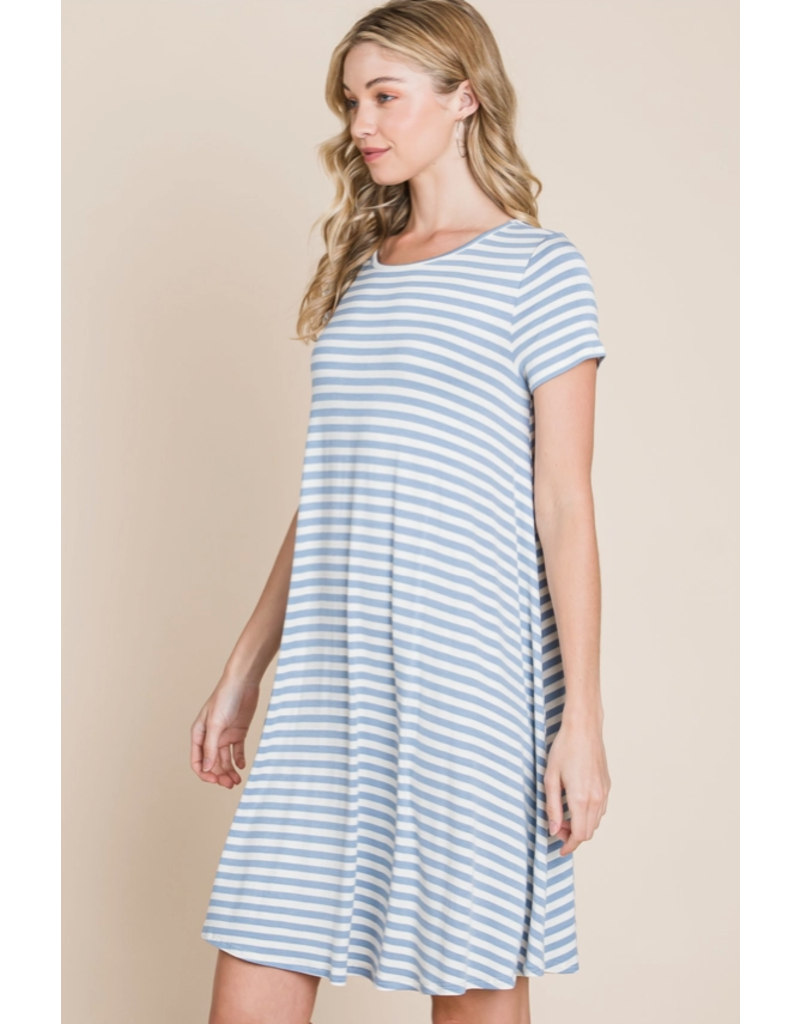 BomBom Denim Blue Swing Striped Dress (S-XL)