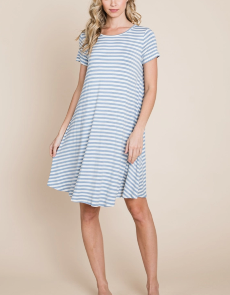 BomBom Denim Blue Swing Striped Dress (S Only)