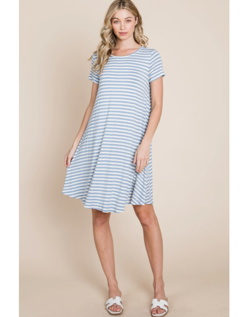 BomBom Denim Blue Swing Striped Dress (S-XL)