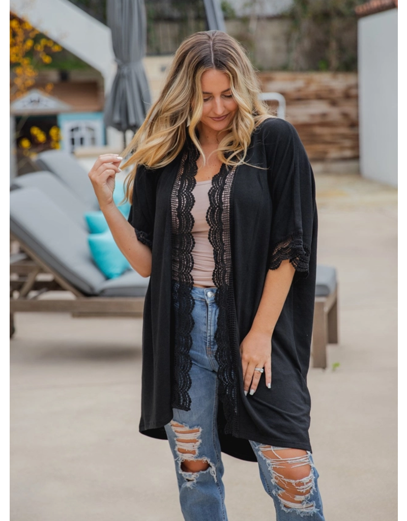 Tickled Teal Sparrow Black Lace Kimono (S-XL)
