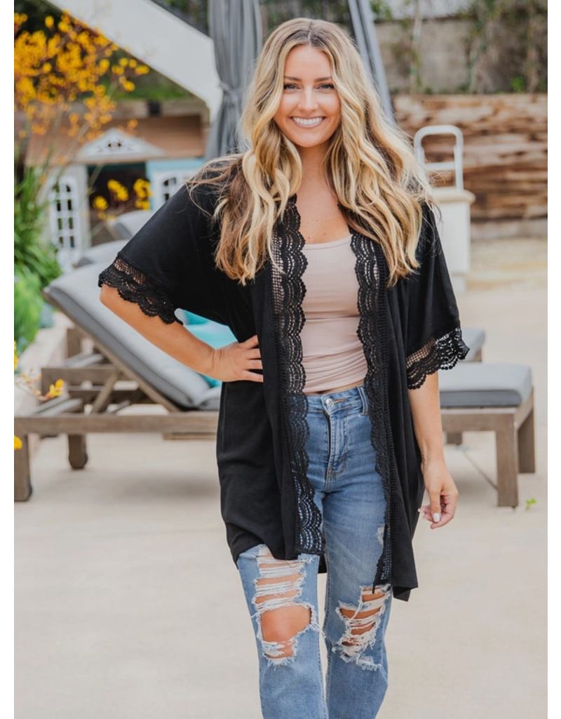 Tickled Teal Sparrow Black Lace Kimono (S-XL)