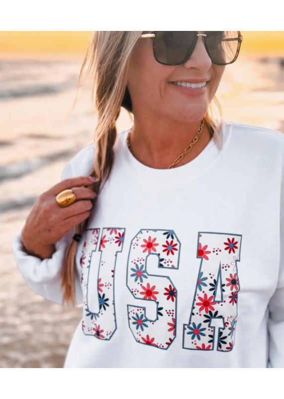 Gildan White USA Floral Crew Sweatshirt (M-XL)