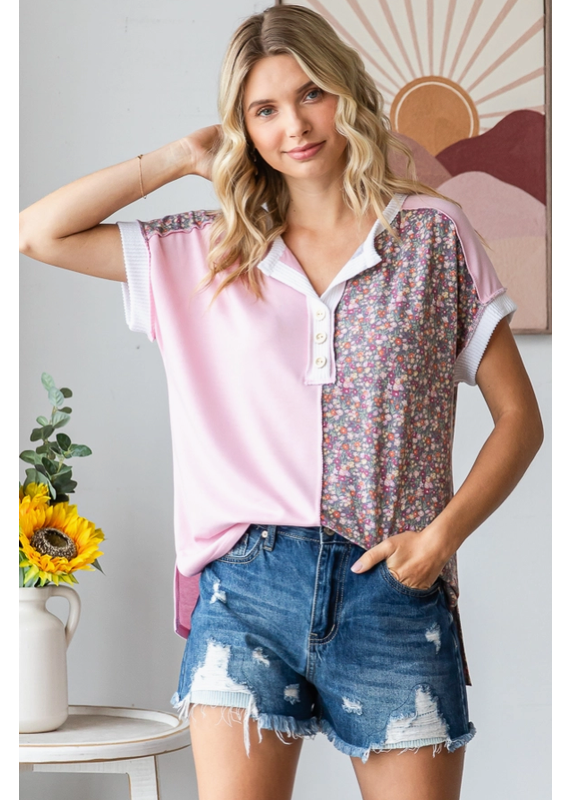 7th Ray Blush Floral Halfsies Top (S-XL)