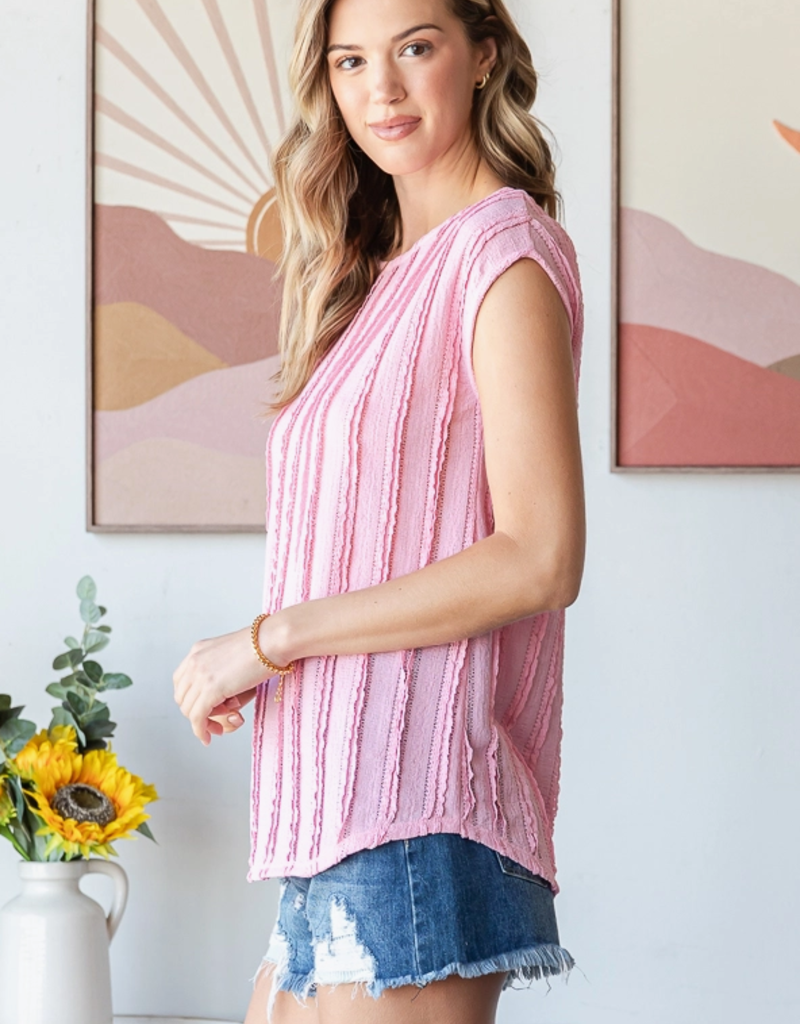 7th Ray Pink Textured Cap Sleeve Blouse  (S Only)