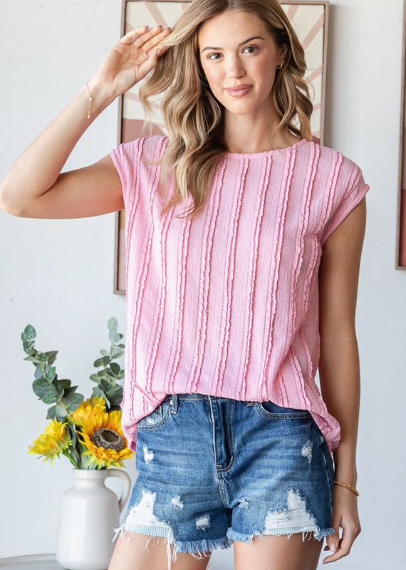 7th Ray Pink Textured Cap Sleeve Blouse  (S Only)