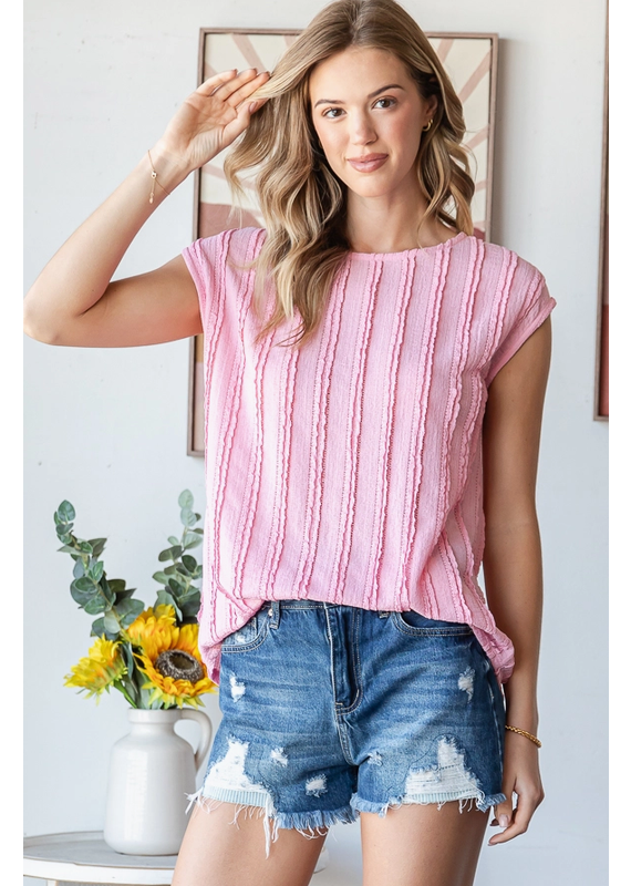 7th Ray Pink Textured Cap Sleeve Blouse  (S-XL)