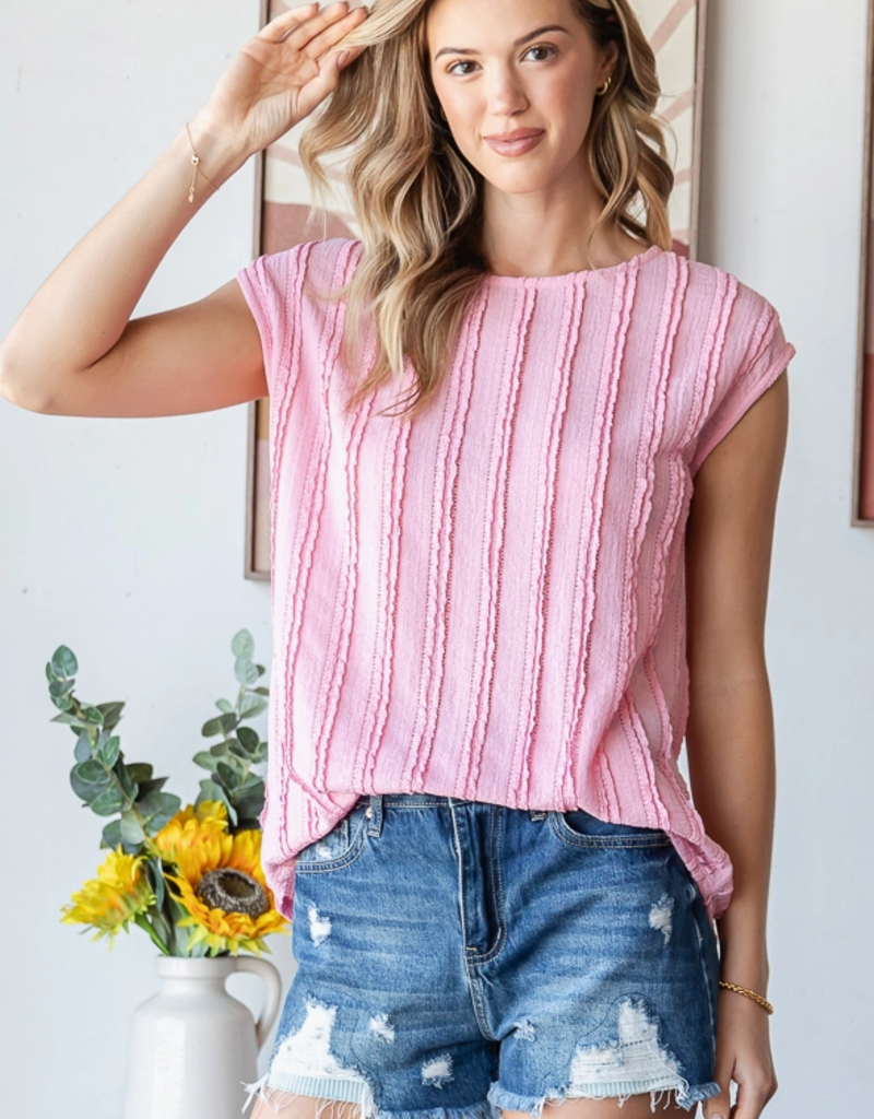 7th Ray Pink Textured Cap Sleeve Blouse  (S Only)