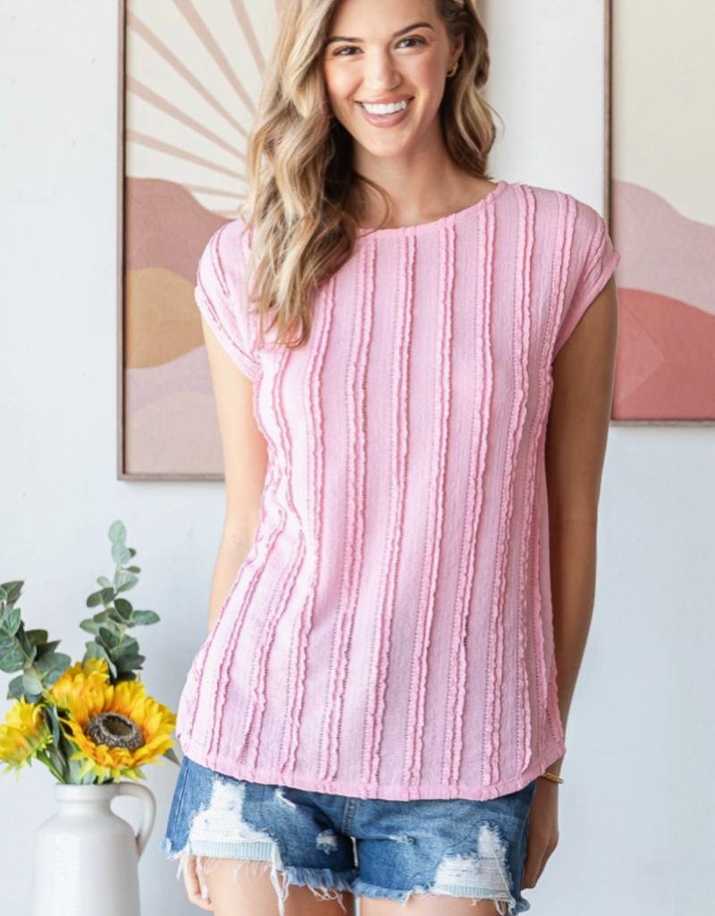 7th Ray Pink Textured Cap Sleeve Blouse  (S Only)