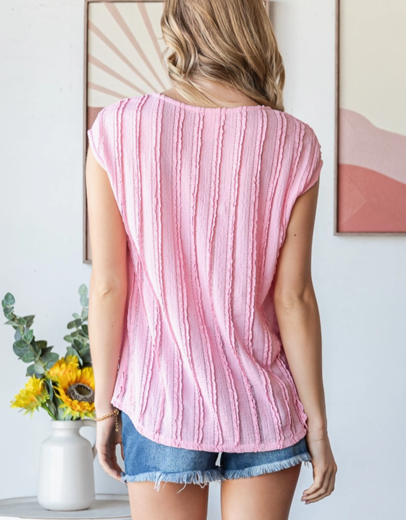 7th Ray Pink Textured Cap Sleeve Blouse  (S Only)