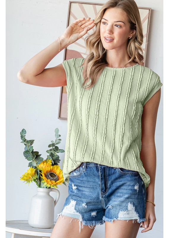 7th Ray Sage Textured Cap Sleeve Blouse  (S-XL)