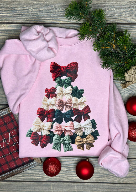 Gildan *Pre-Order* Pink Faux Yarn Bow Tree Crew (Adult & Youth)