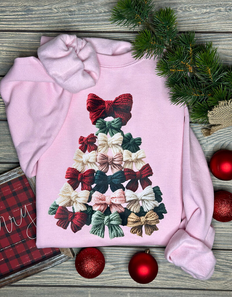 Gildan *Pre-Order* Pink Faux Yarn Bow Tree Crew (Adult & Youth)