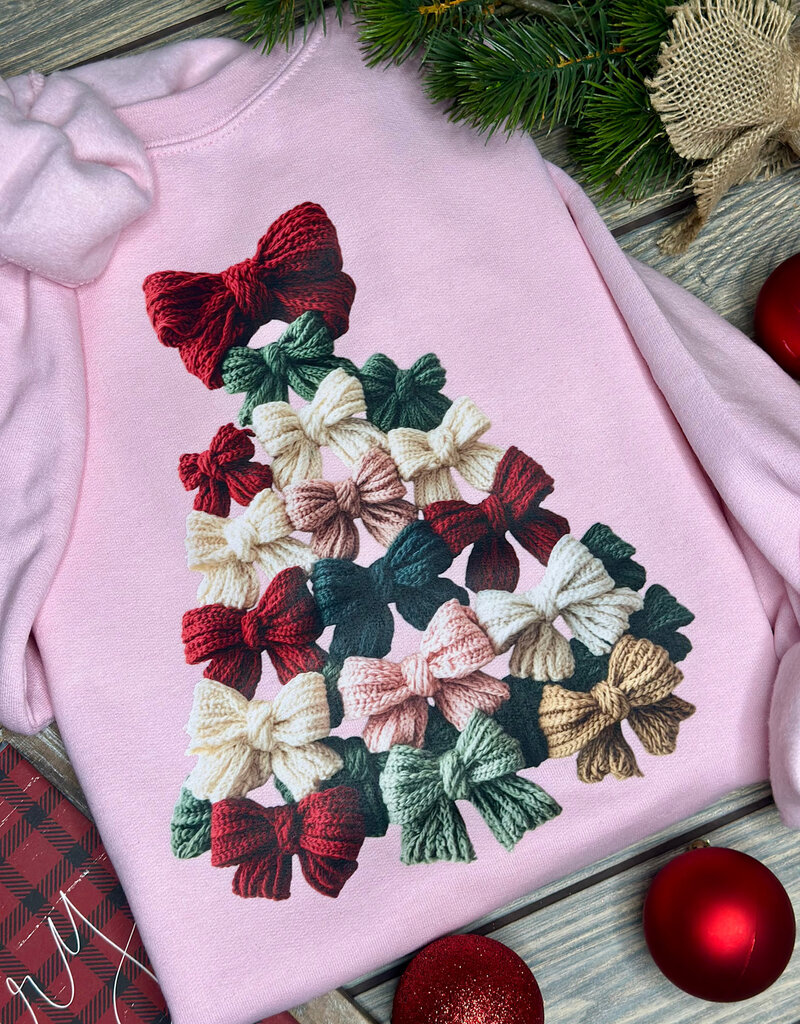 Gildan *Pre-Order* Pink Faux Yarn Bow Tree Crew (Adult & Youth)