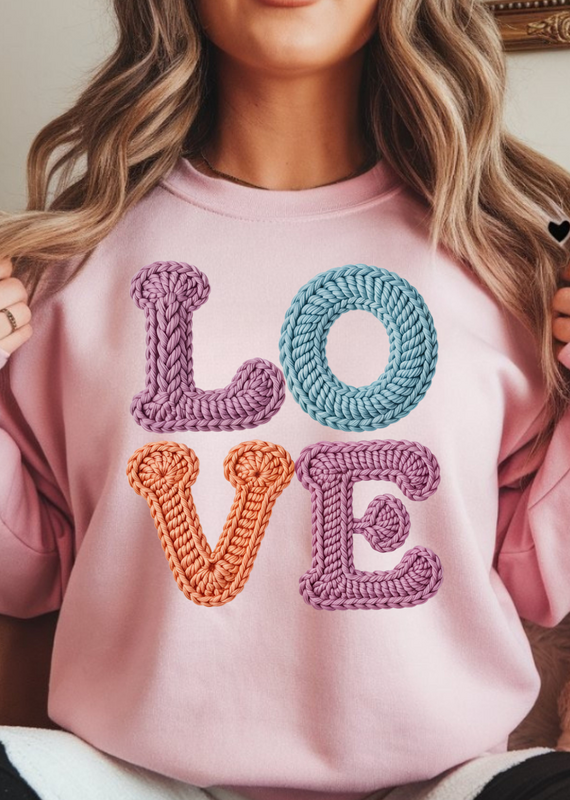 Gildan Pink Faux Crochet LOVE Crew (S-3XL) *Order before 2/4/26*