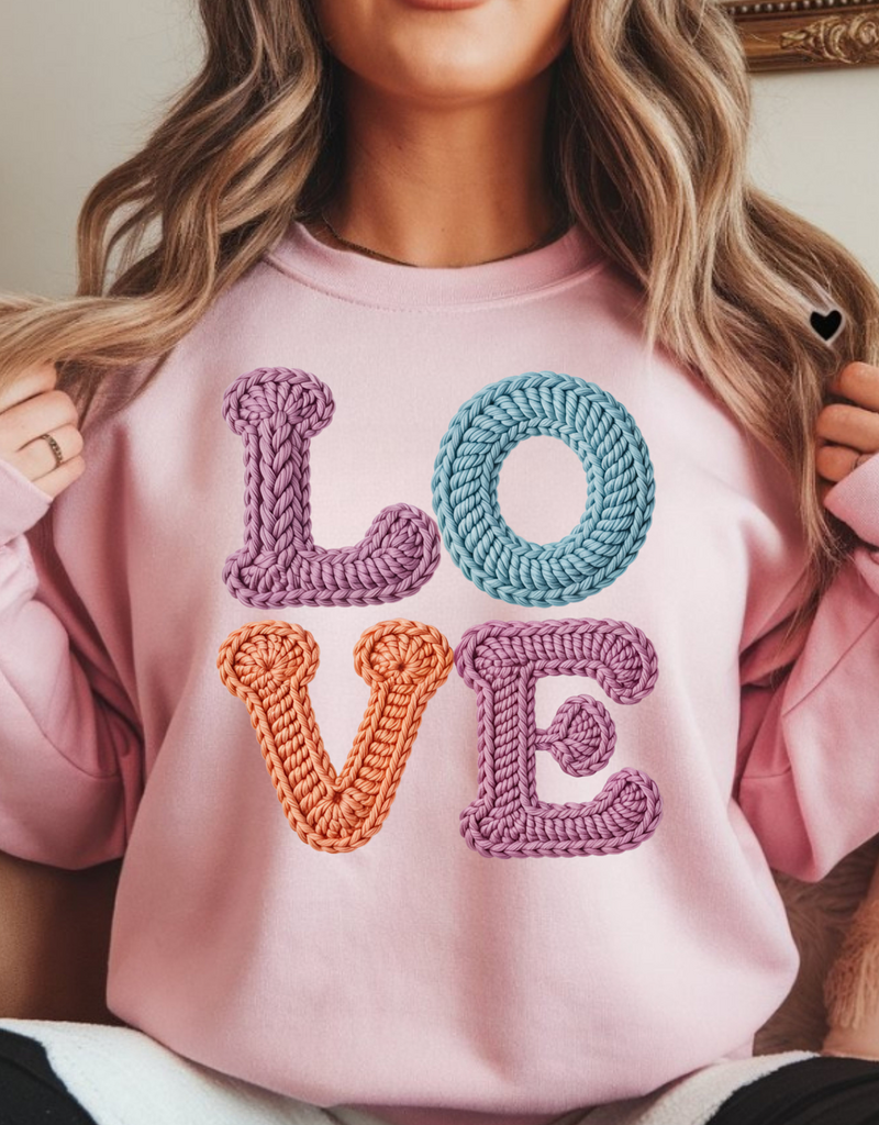 Gildan Pink Faux Crochet LOVE Crew (S-3XL) *Order before 2/4/26*