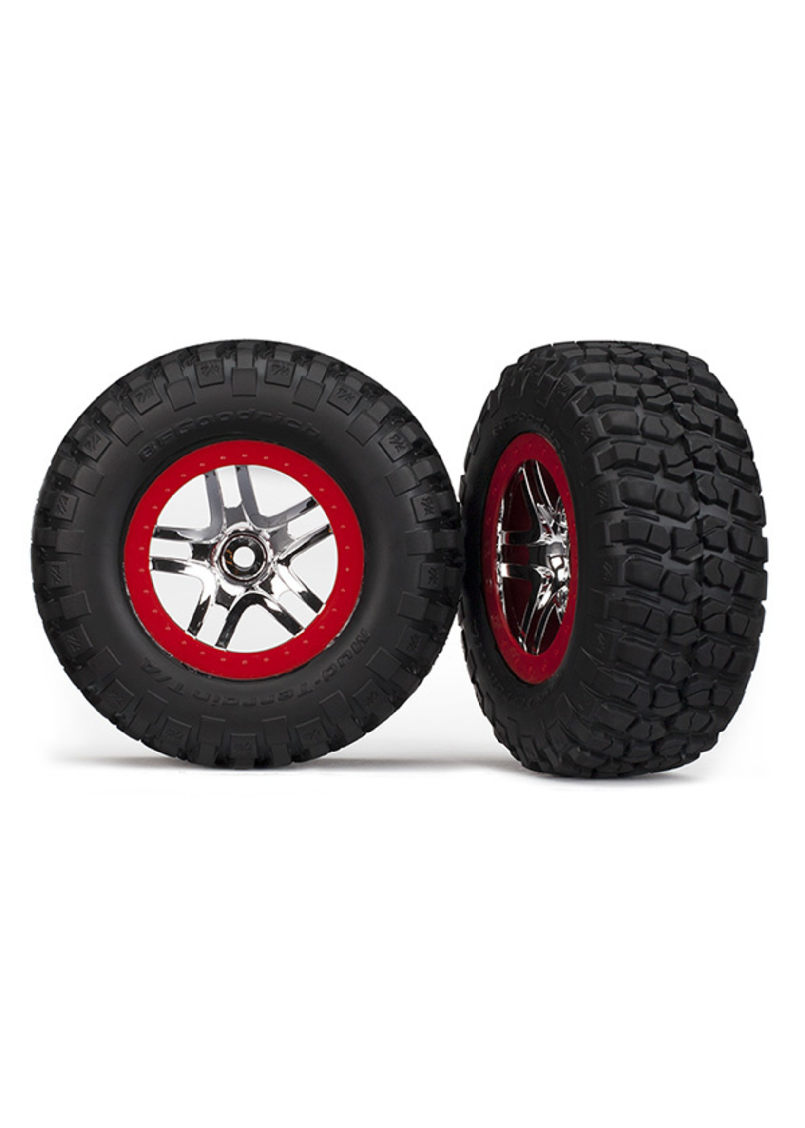 Traxxas 6873A - SCT Split-Spoke Chrome, Red Beadlock Wheels / BFGoodrich® Mud-Terrain™ T/A® KM2 Tires