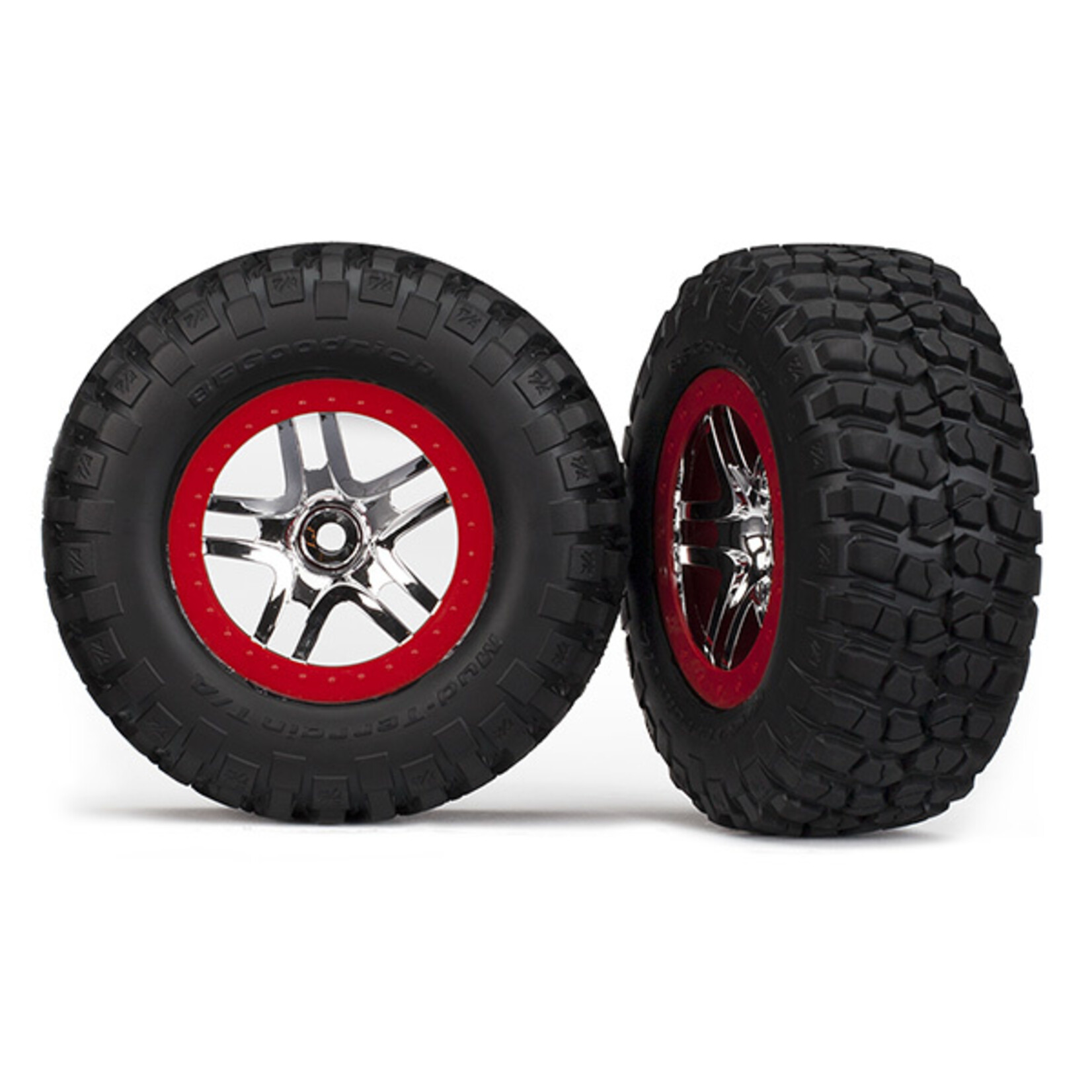 Traxxas 5877A - SCT Split-Spoke Chrome, Red Beadlock Wheels / BFGoodrich® Mud-Terrain™ T/A® KM2 Tires