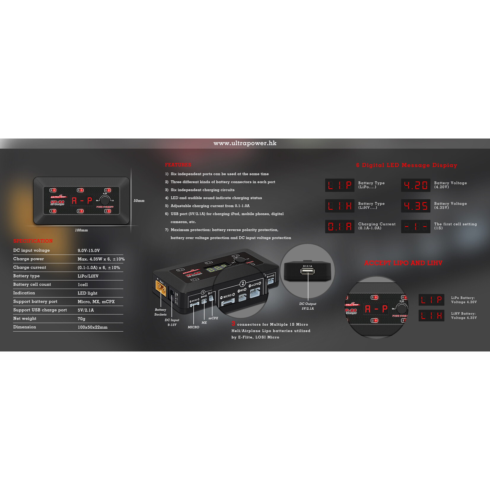 Ultra Power UPS6 25W 1S x 6 Compact DC Charger