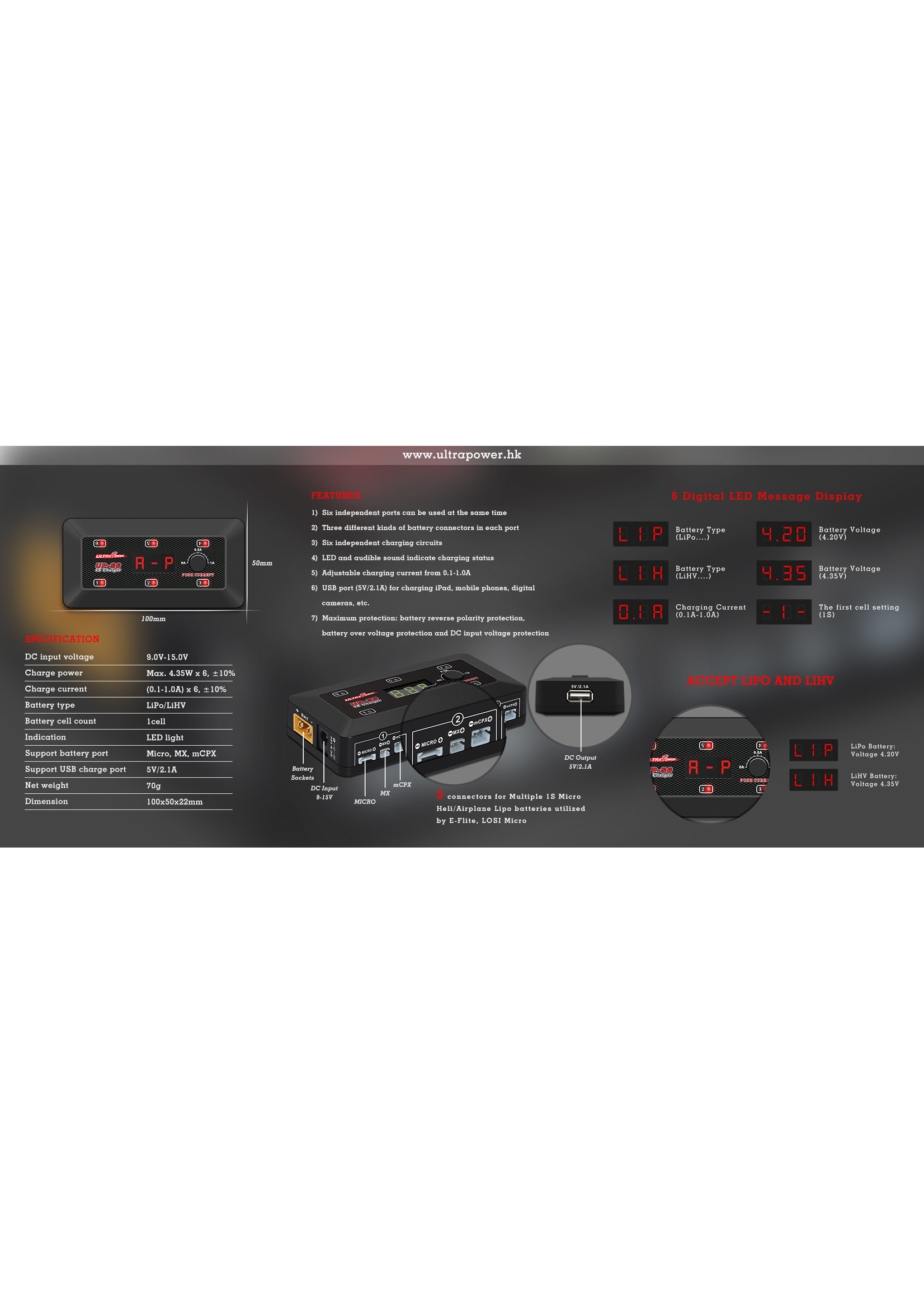 Ultra Power UPS6 25W 1S x 6 Compact DC Charger